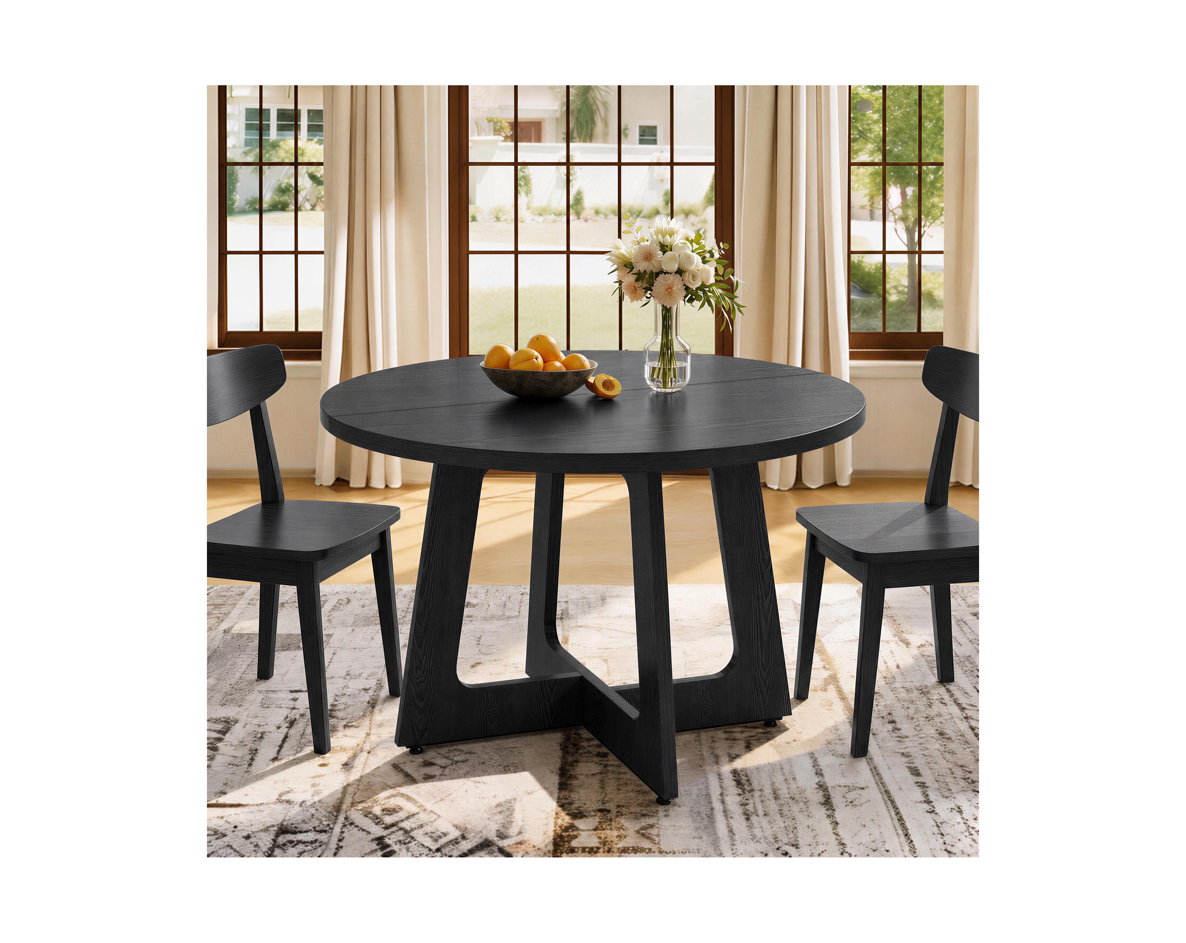 Round Dining Table for 4-6 People, 47 Inch Wood Grain Kitchen Table, Modern Solid Legs Dining Room Table, Black