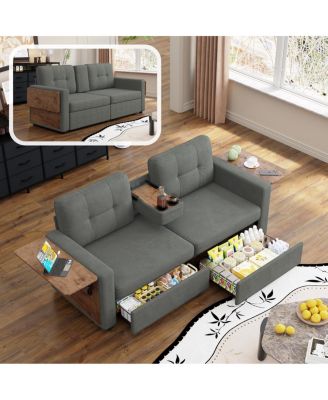 Chenille Loveseat Sofa with Storage Drawers and Cup Holders