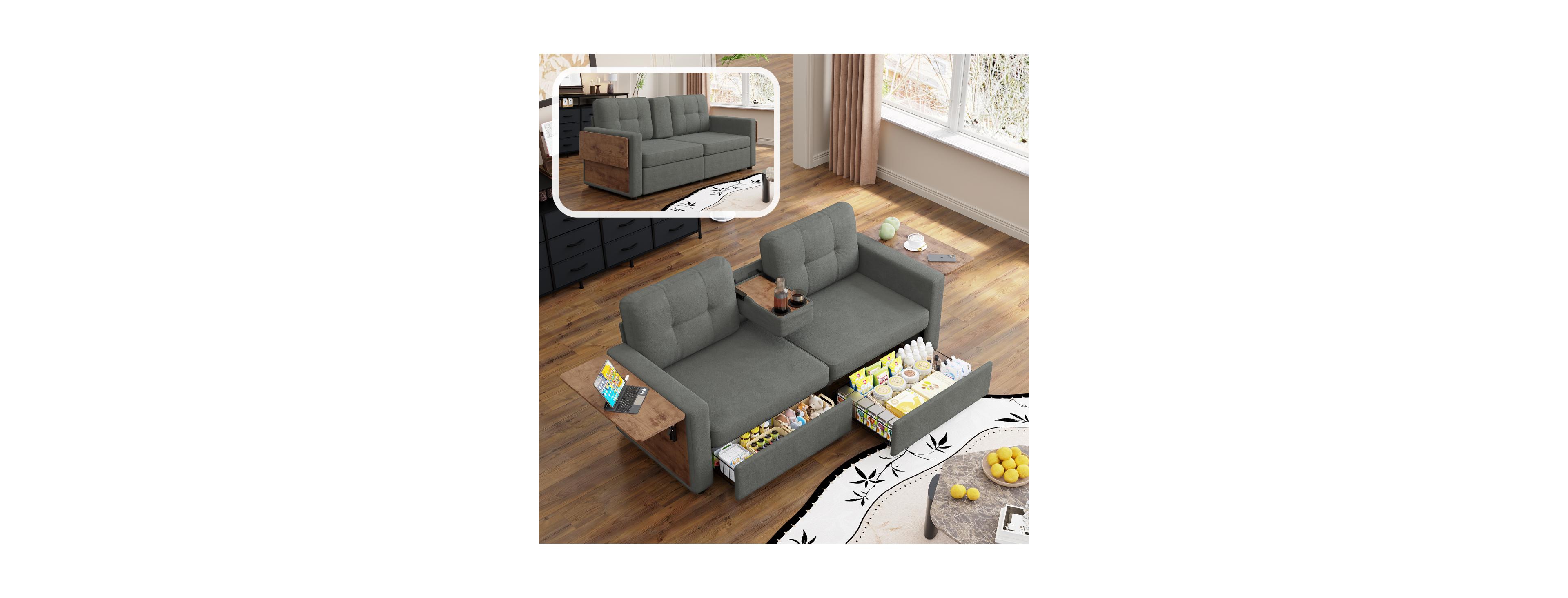 Streamdale Furniture Chenille Loveseat Sofa with Storage Drawers and Cup Holders