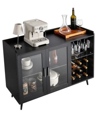 47.2 Inch Engineered Wood, Tempered Glass and Metal Wine Bar Cabinet with 9-Bottle Rack and Adjustable Color Lighting