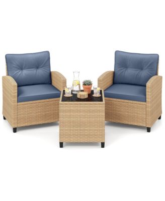 3 Pieces Patio Furniture Set Rattan Conversation Set With Soft Seat and Back Cushions