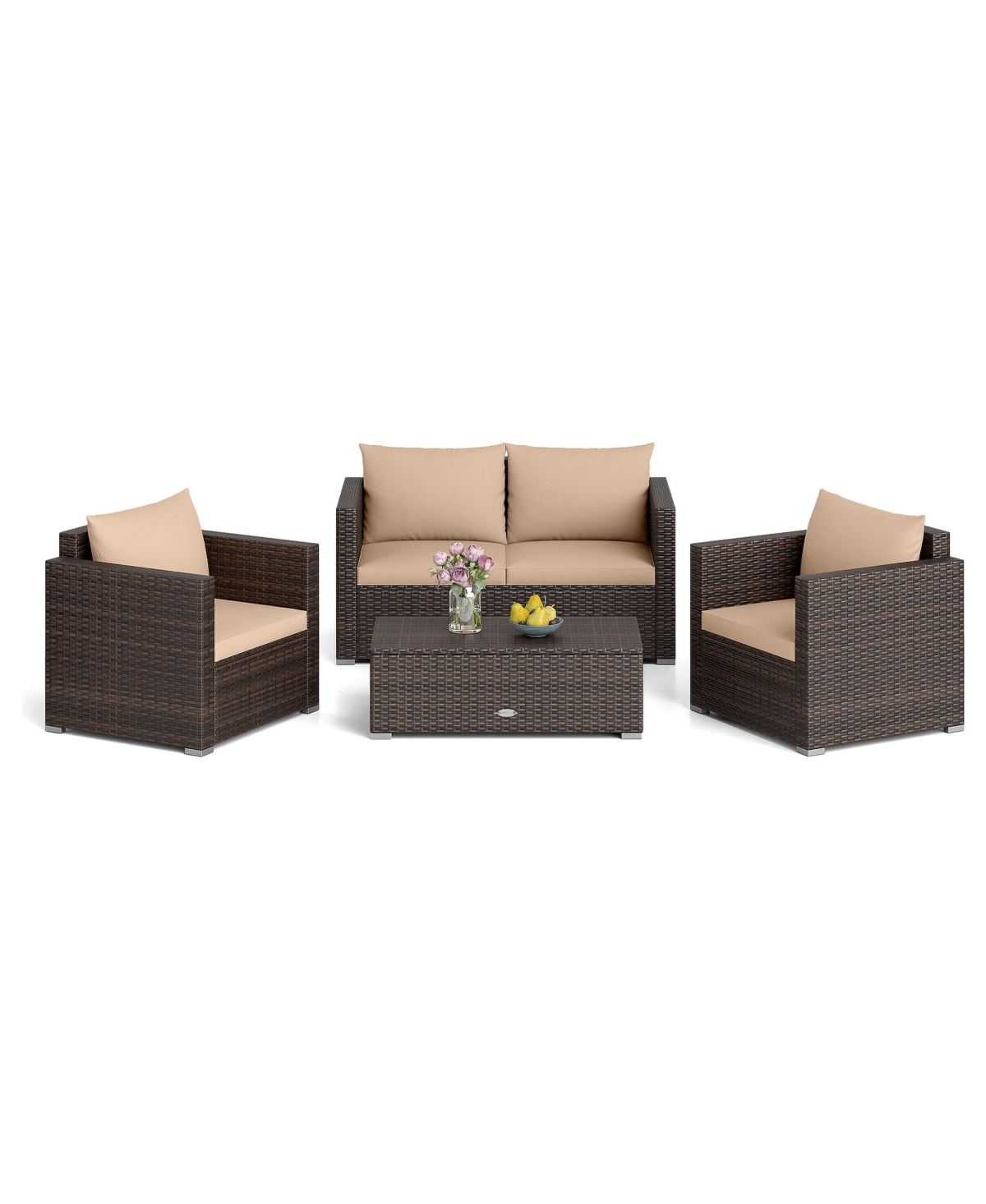 Gymax 4 Pieces Patio Rattan Wicker Conversation Set With Padded Cushion and Coffee Table - Mix brown  beige
