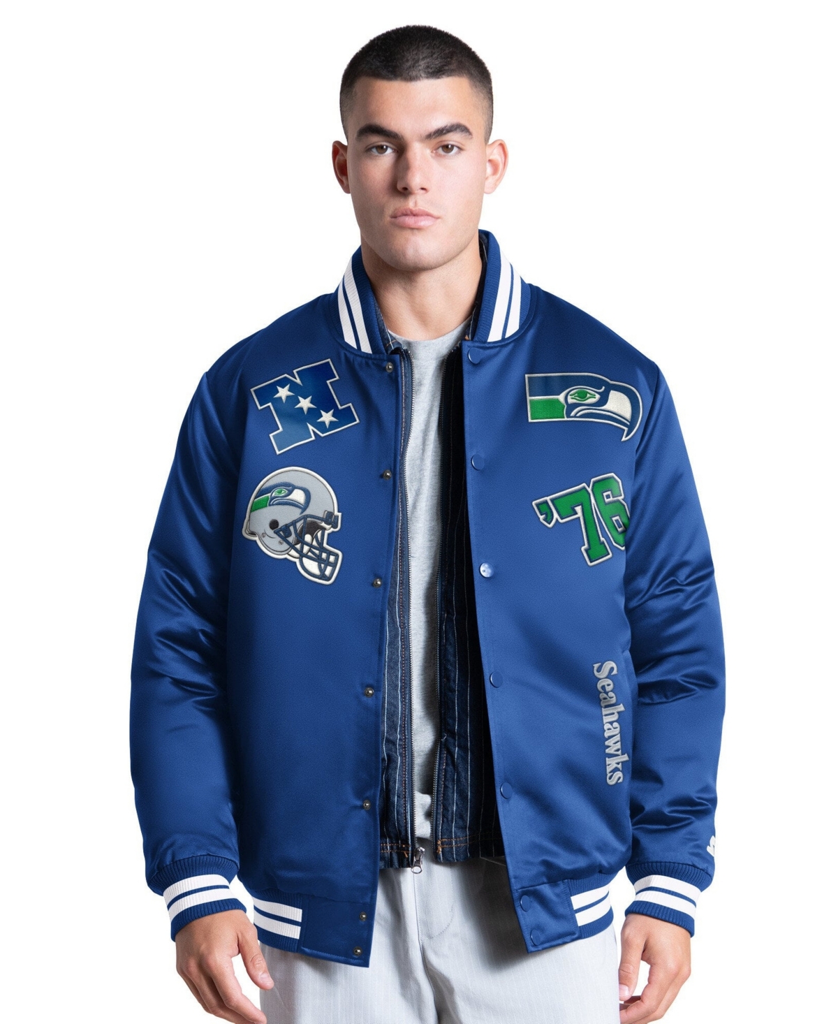 Starter Men's Royal Seattle Seahawks Elite Full Snap Varsity Jacket - Royal, White