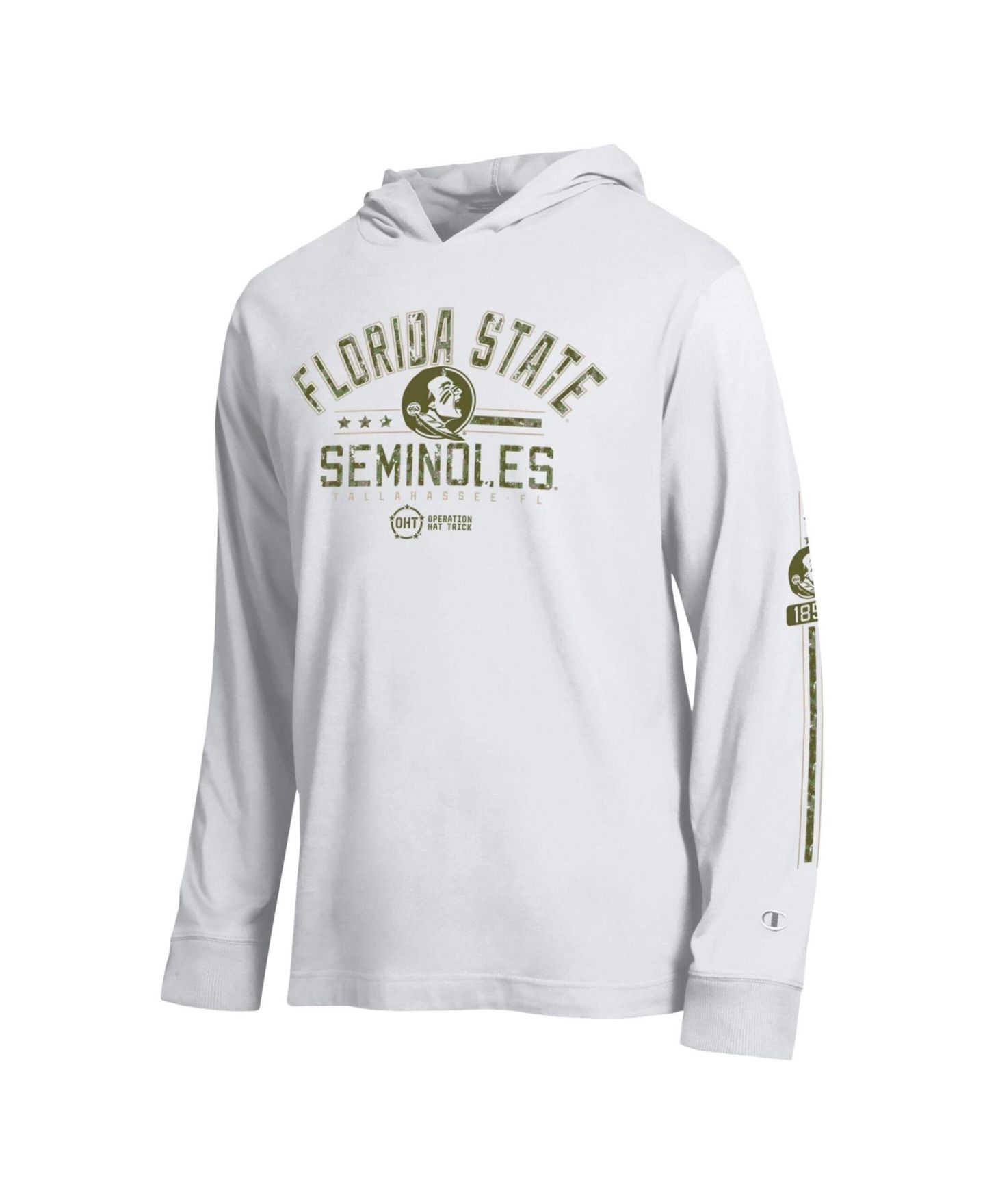 Мужская футболка Champion White Florida State Seminoles Operation Hat Trick Sleeve Line Hooded Long-Sleeve — фото 2
