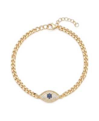 Evil Eye Silver Curb Chain Bracelet with CZ and Created Blue Sapphires 7 inches Bracelets