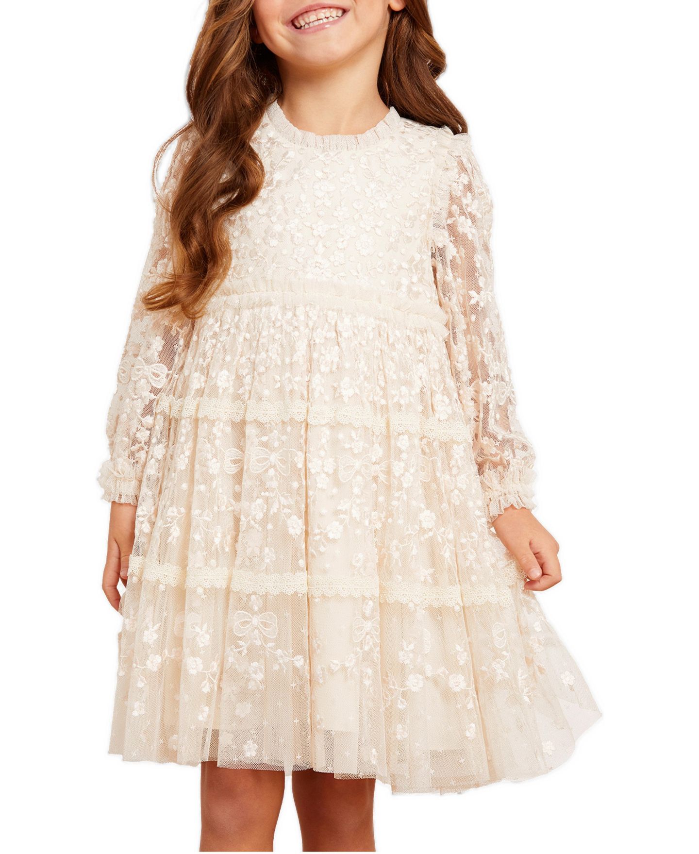 Платье Needle & Thread Celestia Ribbon Floral Embroidery Fit-Flare Long-Sleeve для девочек, цвет: Шампань — фото 2
