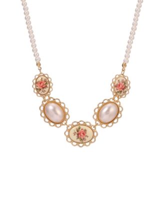 Gold-Tone Imitation Pearl Rose Decal Oval Necklace