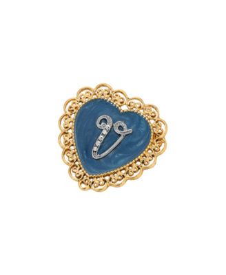 Crystal Gold-Tone Initial Filigree Heart Blue Enamel Pin
