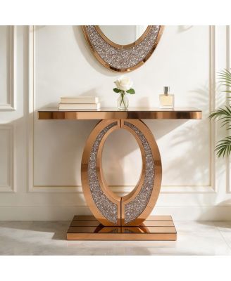 Oval Hollow Frame 39 x 11 x 31 in Mirrored Glass Crushed Diamond Console Table