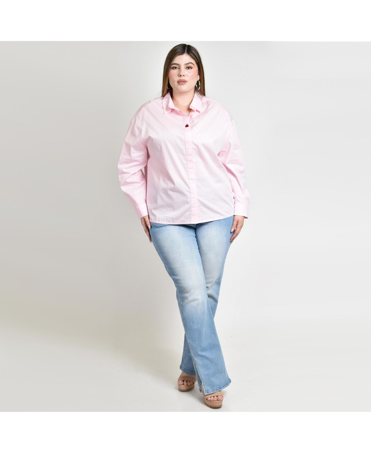 Женская рубашка Roman Fashion Plus Size Long-Sleeve Collared Ladybug-Embroidered, цвет: Розовый — фото 6