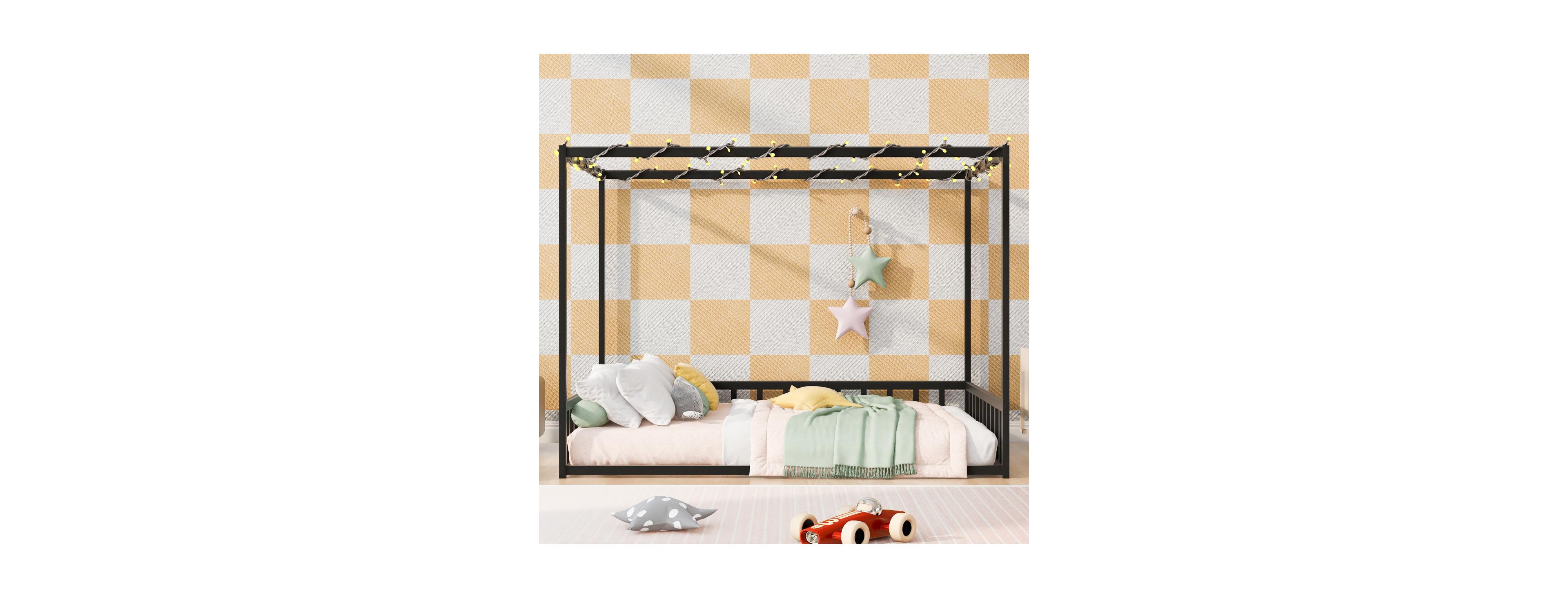 Streamdale Furniture Modern Full-Size Iron Floor Bed Frame with Sunshade and Guardrails