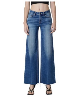 Women's Fine Mid Rise Wide Leg Raw Hem Jeans