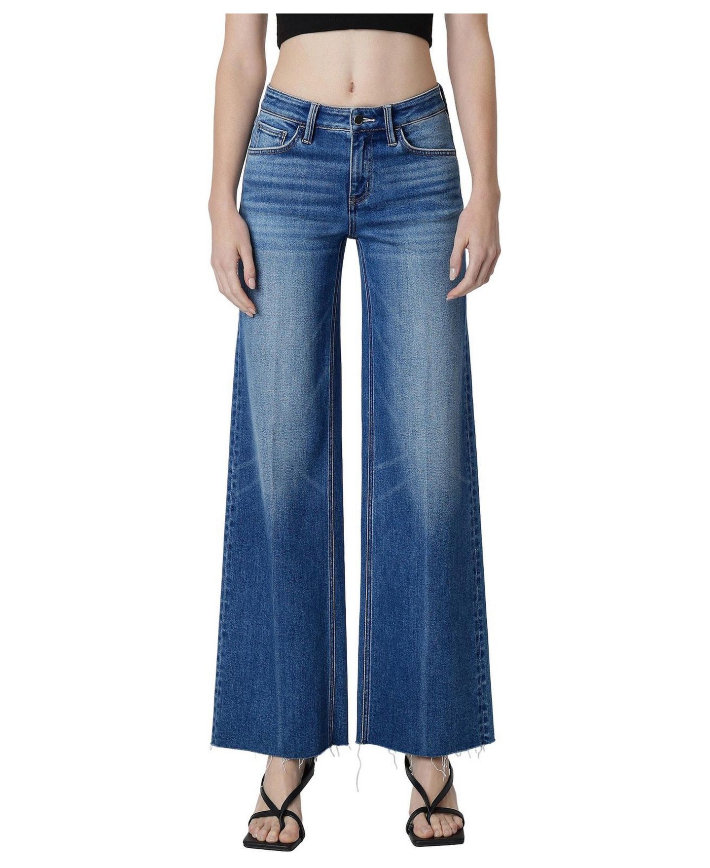 Женские джинсы Flying Monkey Fine Mid Rise Wide Leg Raw Hem, цвет: Синий — фото 1