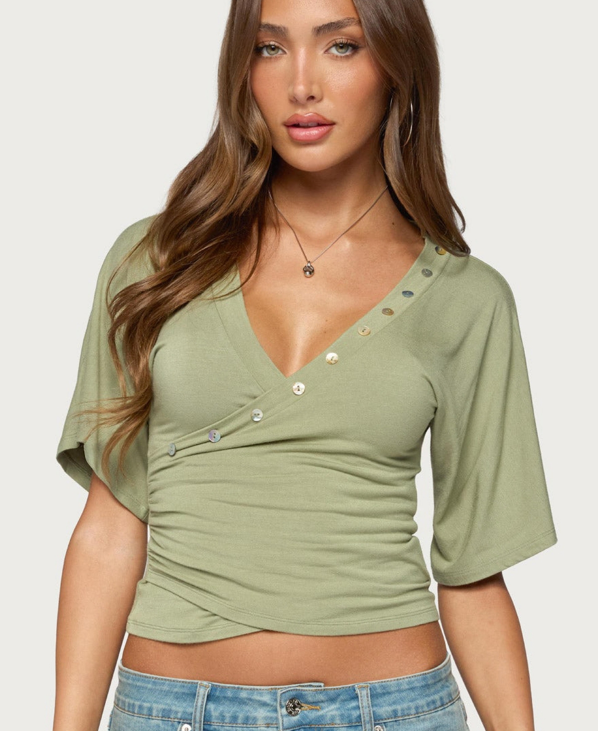Edikted Women's Sully Iridescent Button Wrapped Top - Olive