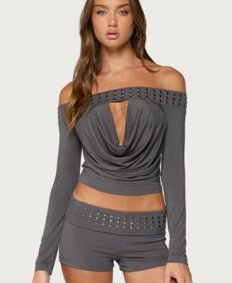 Women's Amy Off-the-Shoulder Cowl Neck Long Sleeve Studded Crop Top
