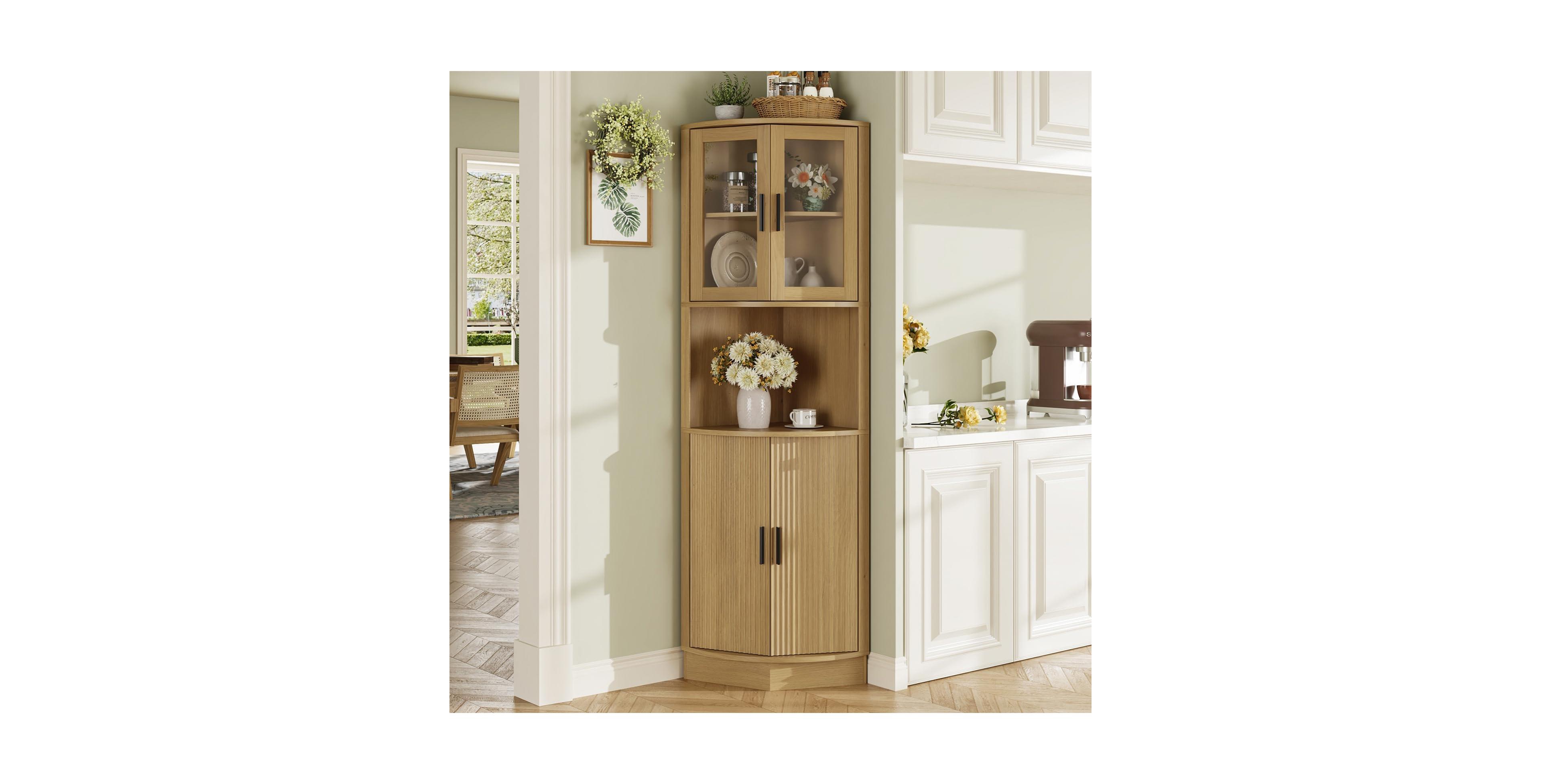 Vabches 64.9" Tall Modern Corner Storage Cabinet with Glass Doors Fluted Doors and Open Shelf for Kitchen Dining Room Living Room