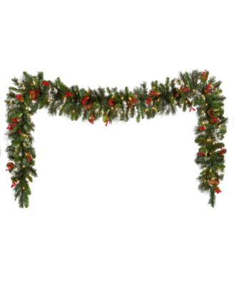 9' Wintry Pine Garland With Cones, Red Berries, Snowflakes & 100 Clear Lights