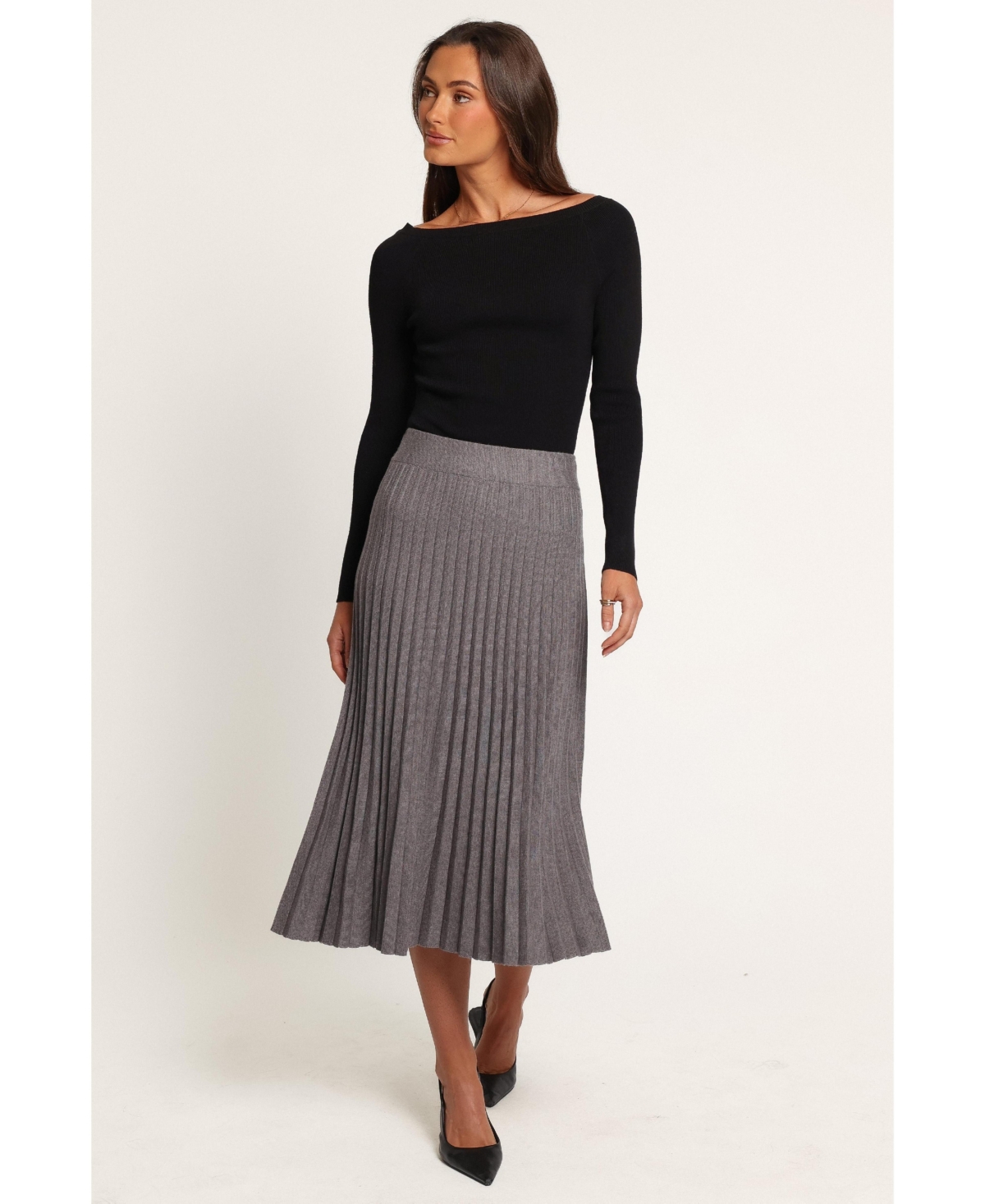 Petal and Pup Women's Loulani High-Waisted Pleated Knit Midi Skirt - Grey