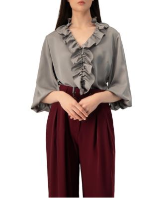 Women's Ruffle-Collar Balloon-Sleeve Blouse