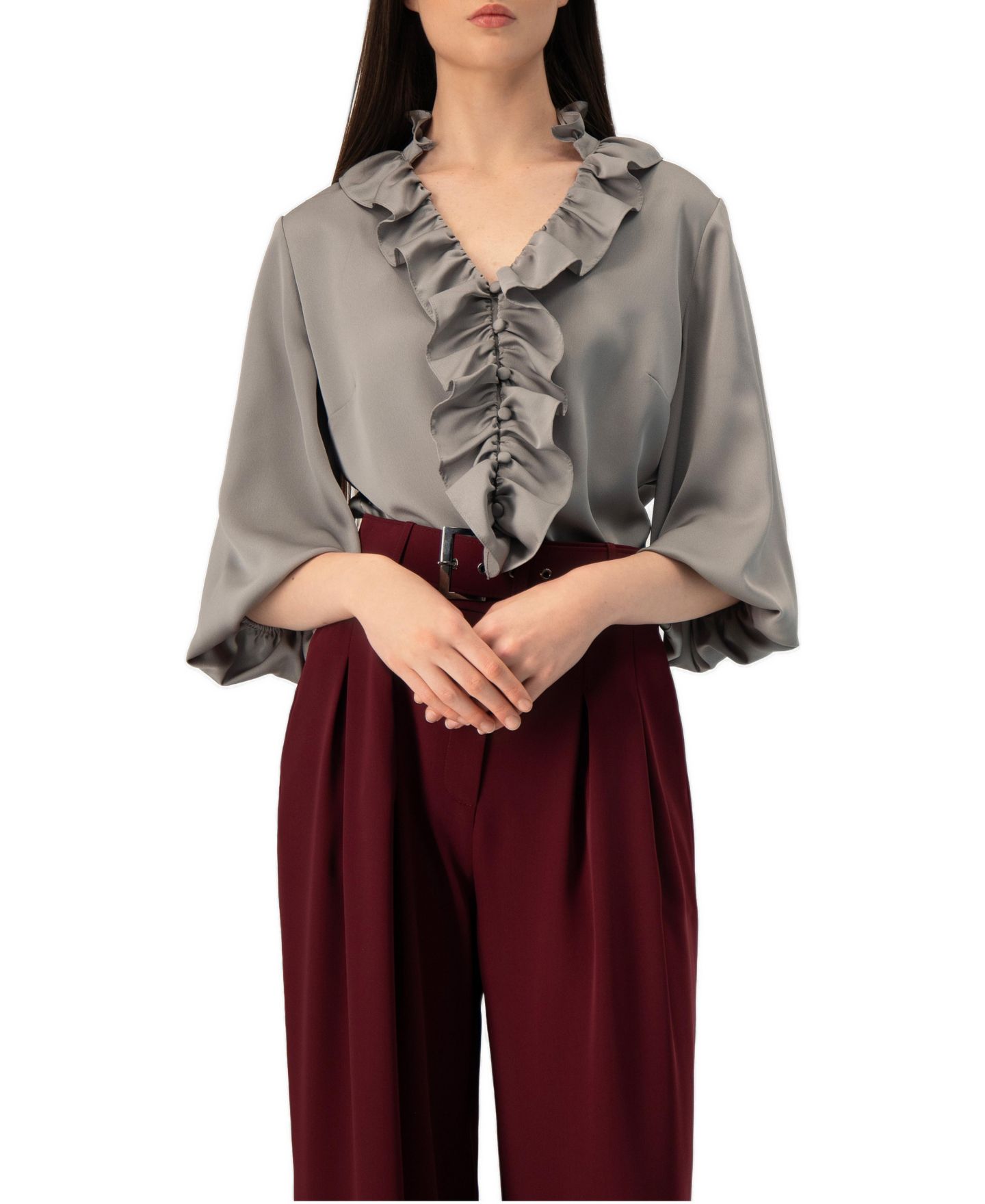 Женская блузка Ivonne Ruffle-Collar Balloon-Sleeve, цвет: Серый — фото 1