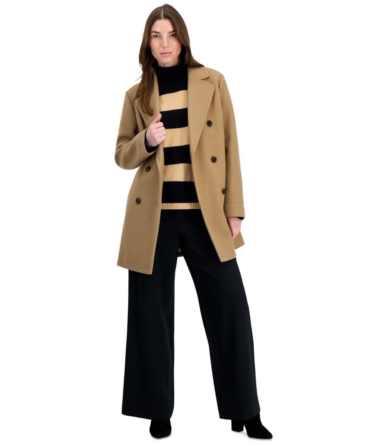 Calvin Klein Petite Notch Collar Double Breasted Peacoat, Created for Macy's - Camel