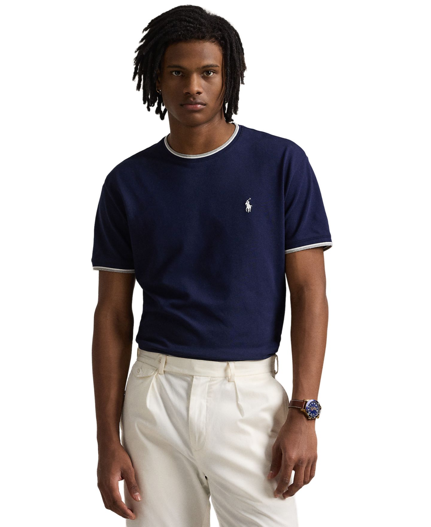 Мужская футболка Polo Ralph Lauren Classic-Fit Stretch Mesh, цвет: Тёмно-синий / Белый — фото 1