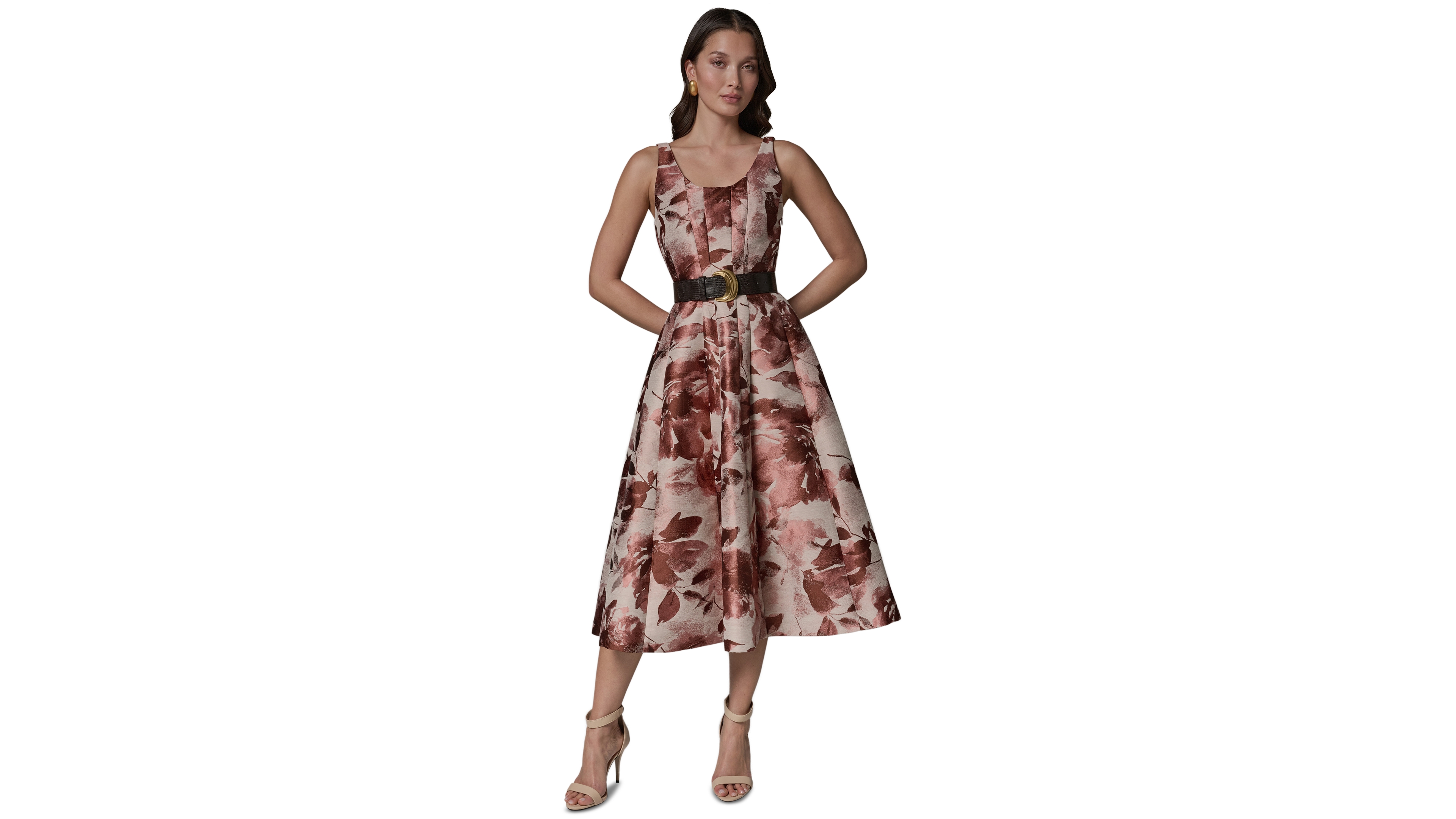 Donna Karan New York Women's Sleeveless Floral Jacquard Scoop Neck Midi A-Line Dress