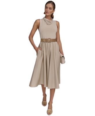 Women's Mixed-Media Belted Midi Dress