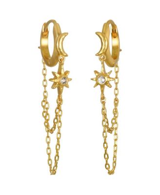 White Topaz, Gold-Tone Star Chain Huggie Hoop Earrings
