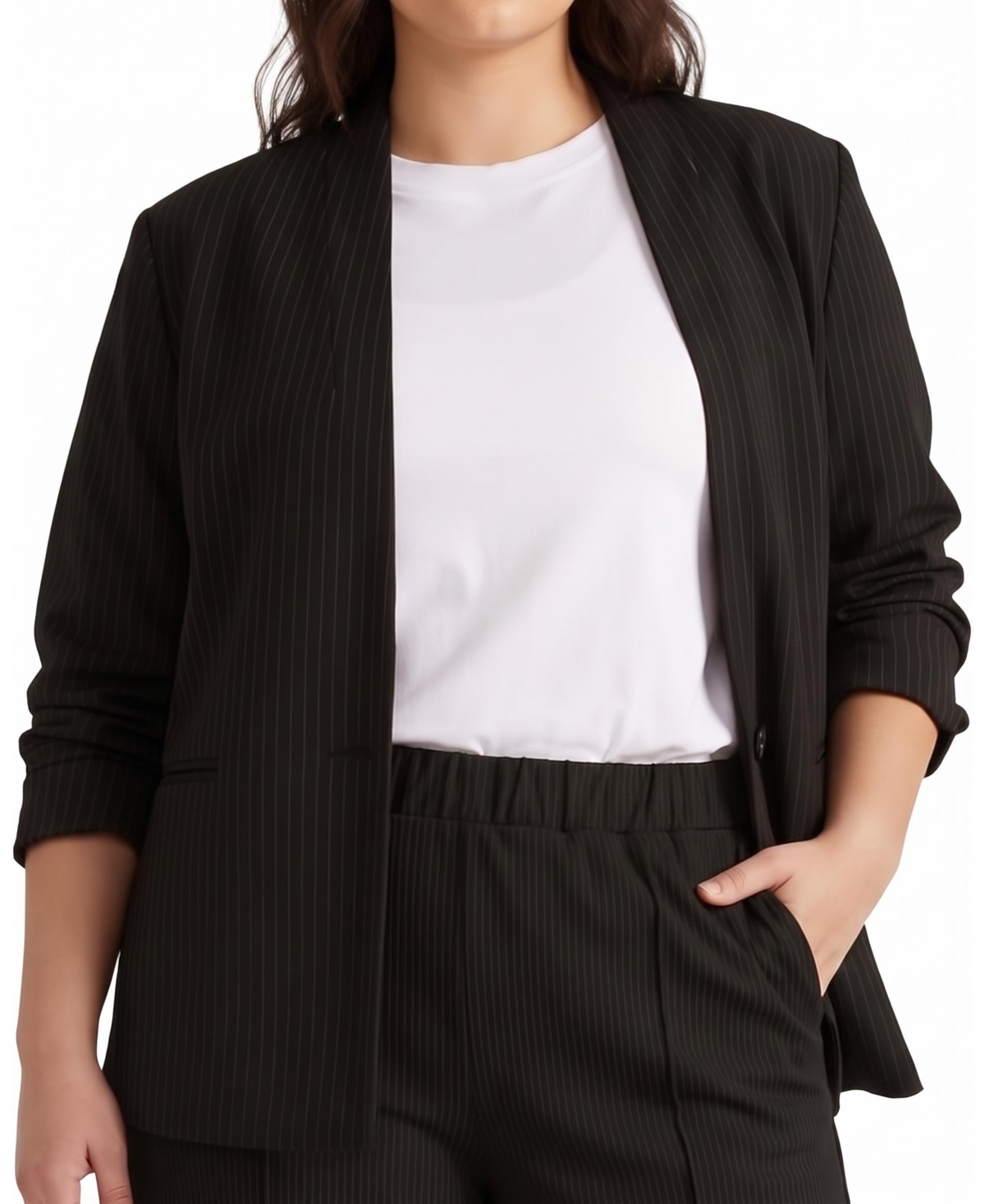Universal Standard Plus Size Lennox Collarless Ponte Blazer - Slate pinstripe