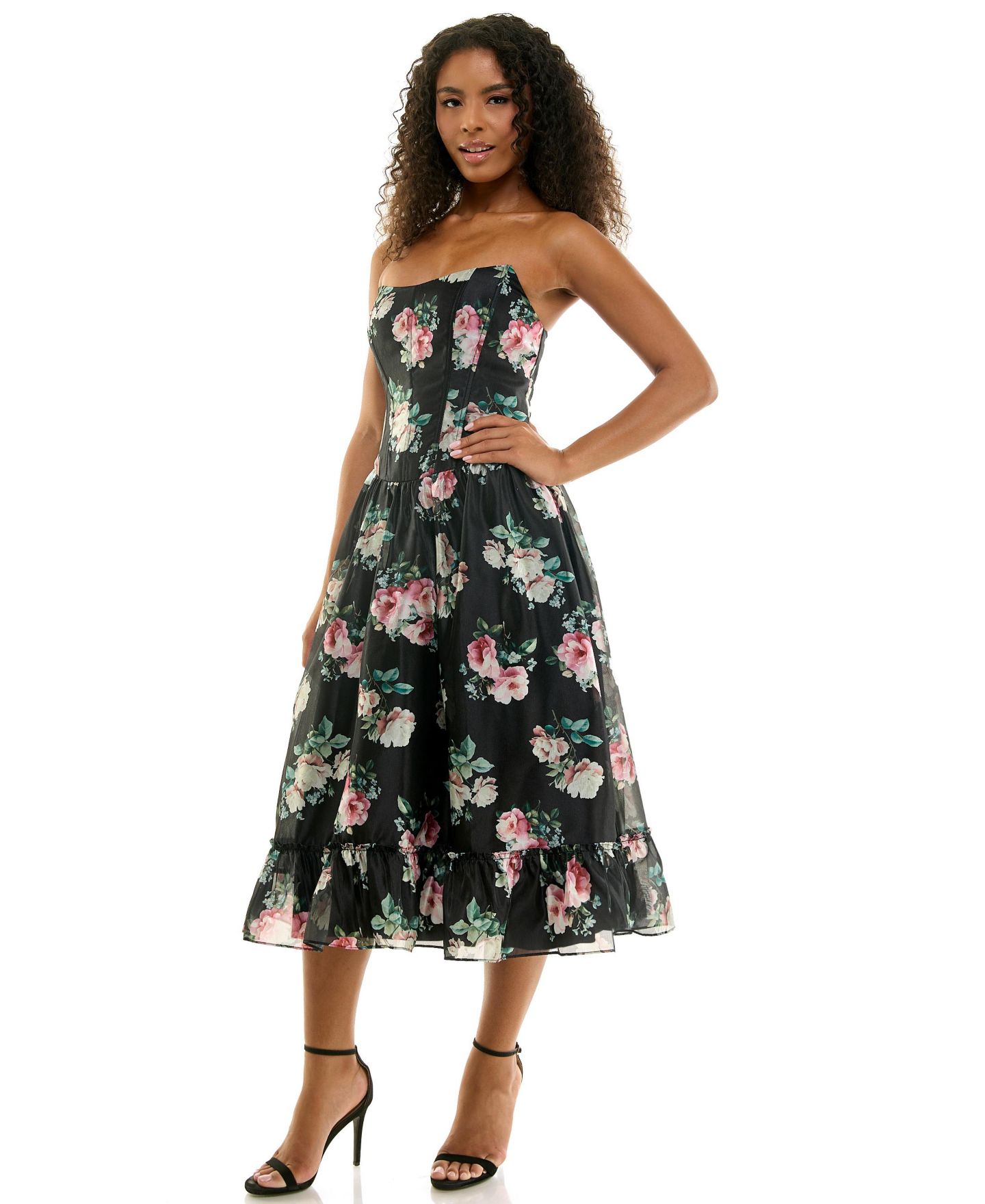 Женское платье SENI & CADE Juniors' Floral Corset-Detailed Midi, цвет: Чёрный / Зелёный — фото 3