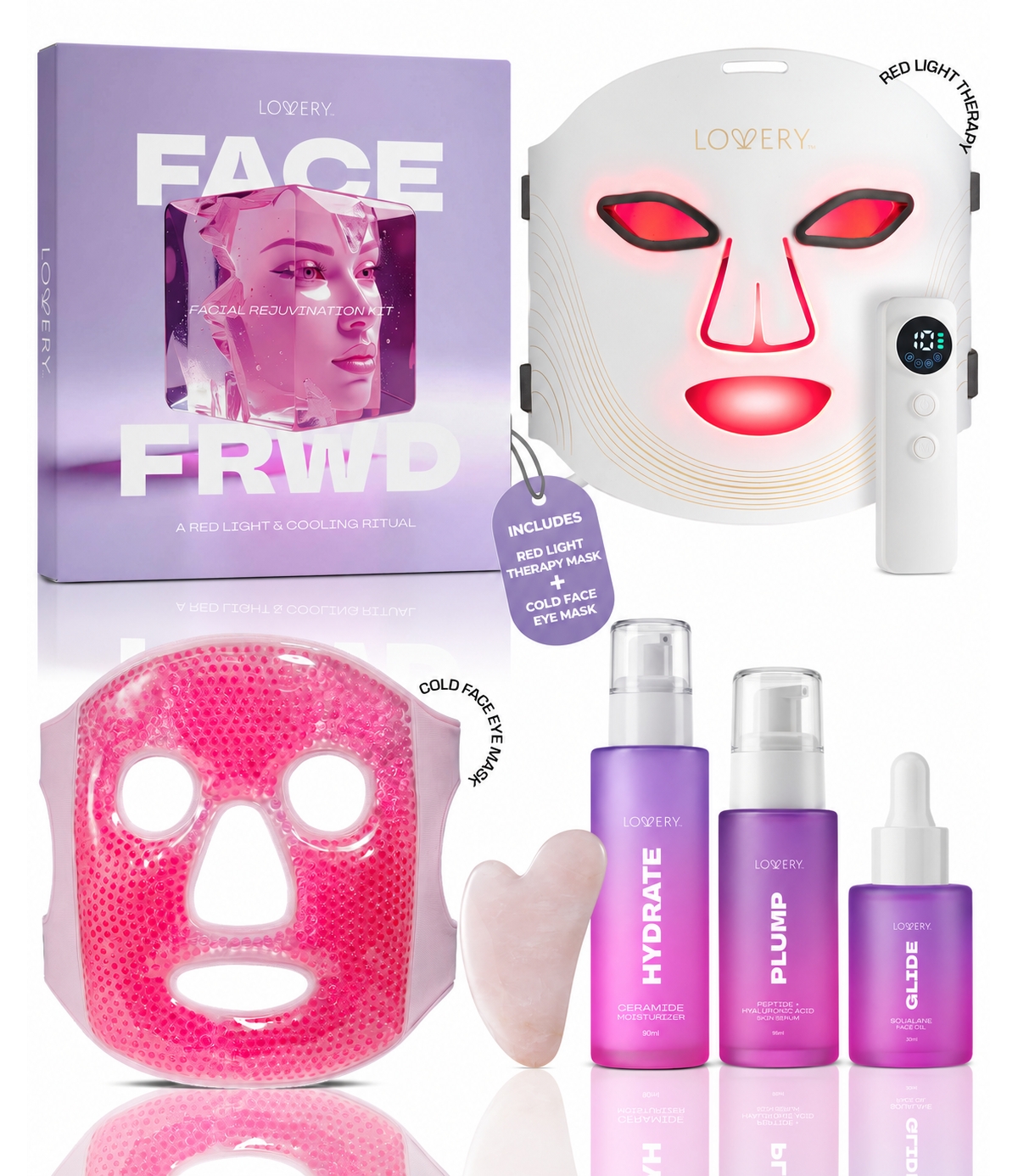 Lovery Deluxe Red Light Therapy Face Mask Set, Facial Rejuvenation Skincare Gifts for Women - Quartz Gua Sha, Cryo Mask, Peptide Serum - Lavender