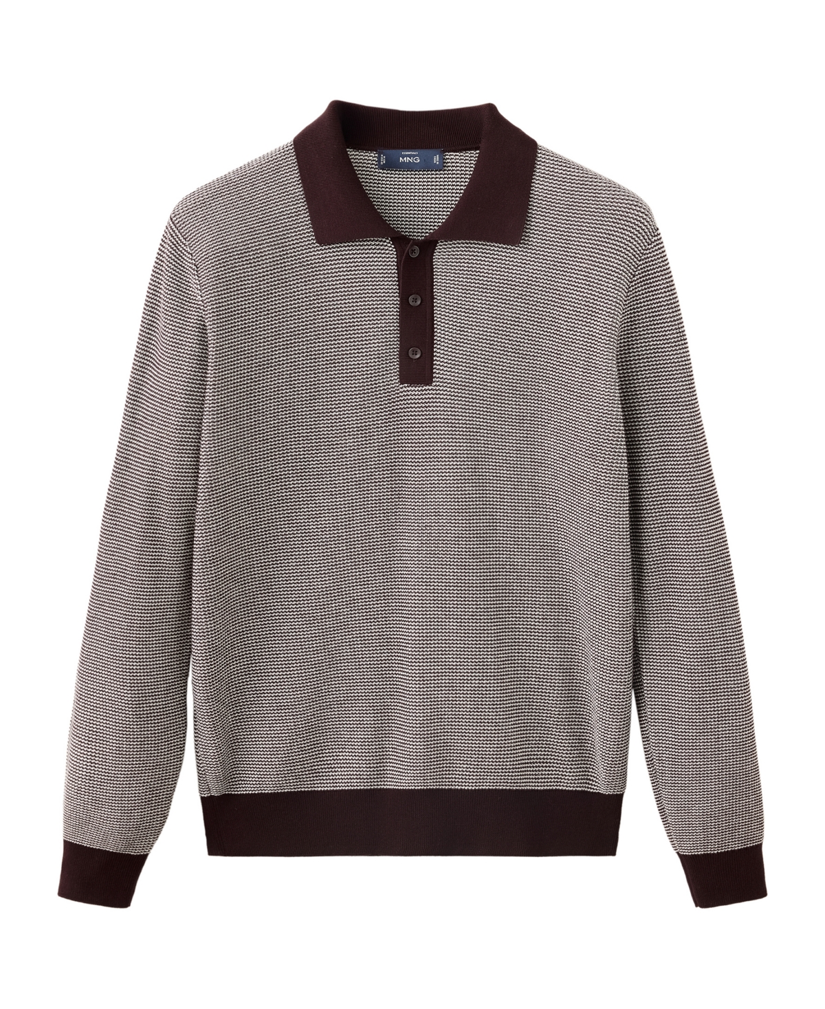 Mango Men's Mapu-i Long Sleeve Fine Knit Print Polo Shirt - Maroon