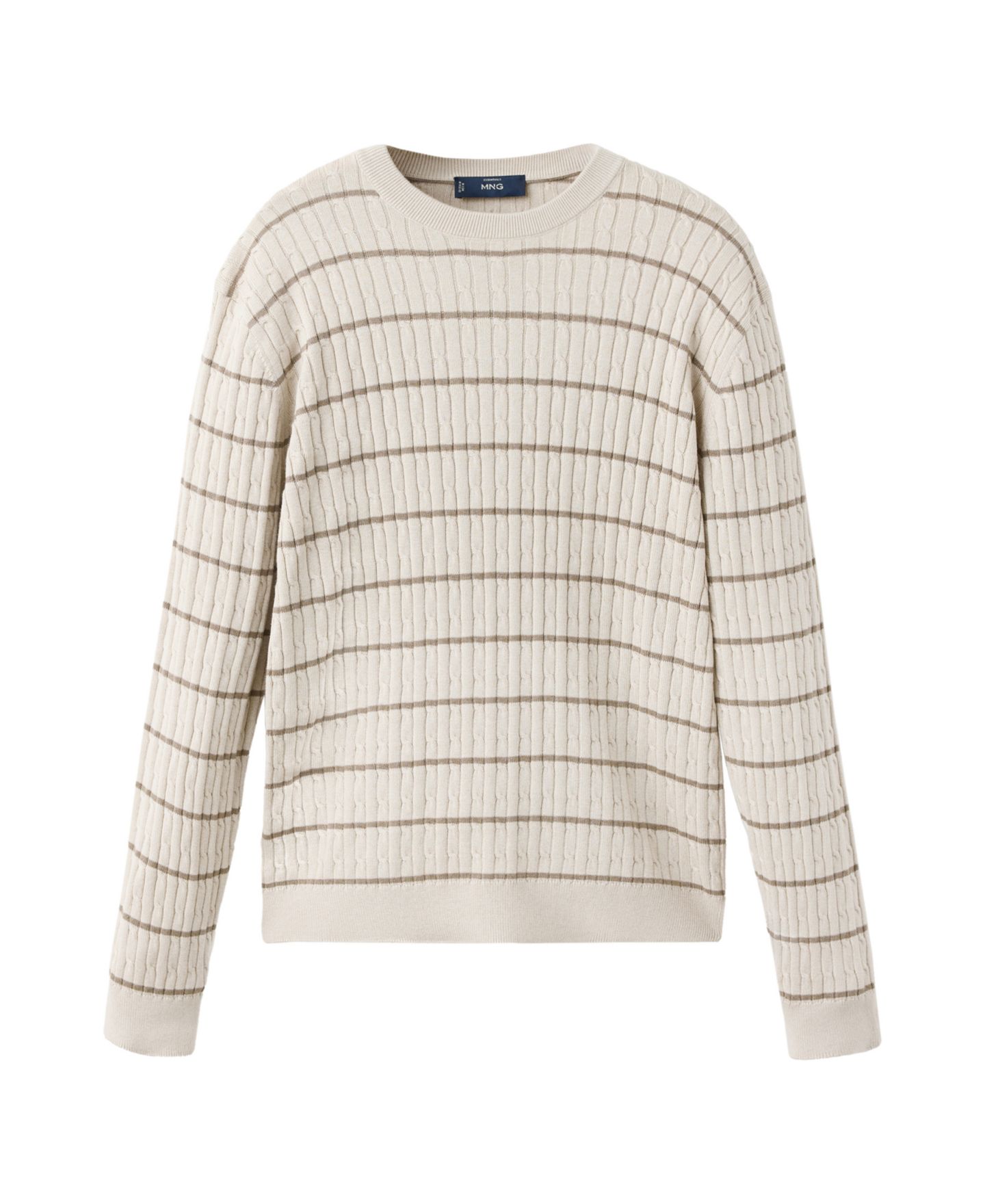 Мужской свитер Mango Marsr Cable-Knit Striped Crewneck, цвет: Светлый пастельный серый — фото 1