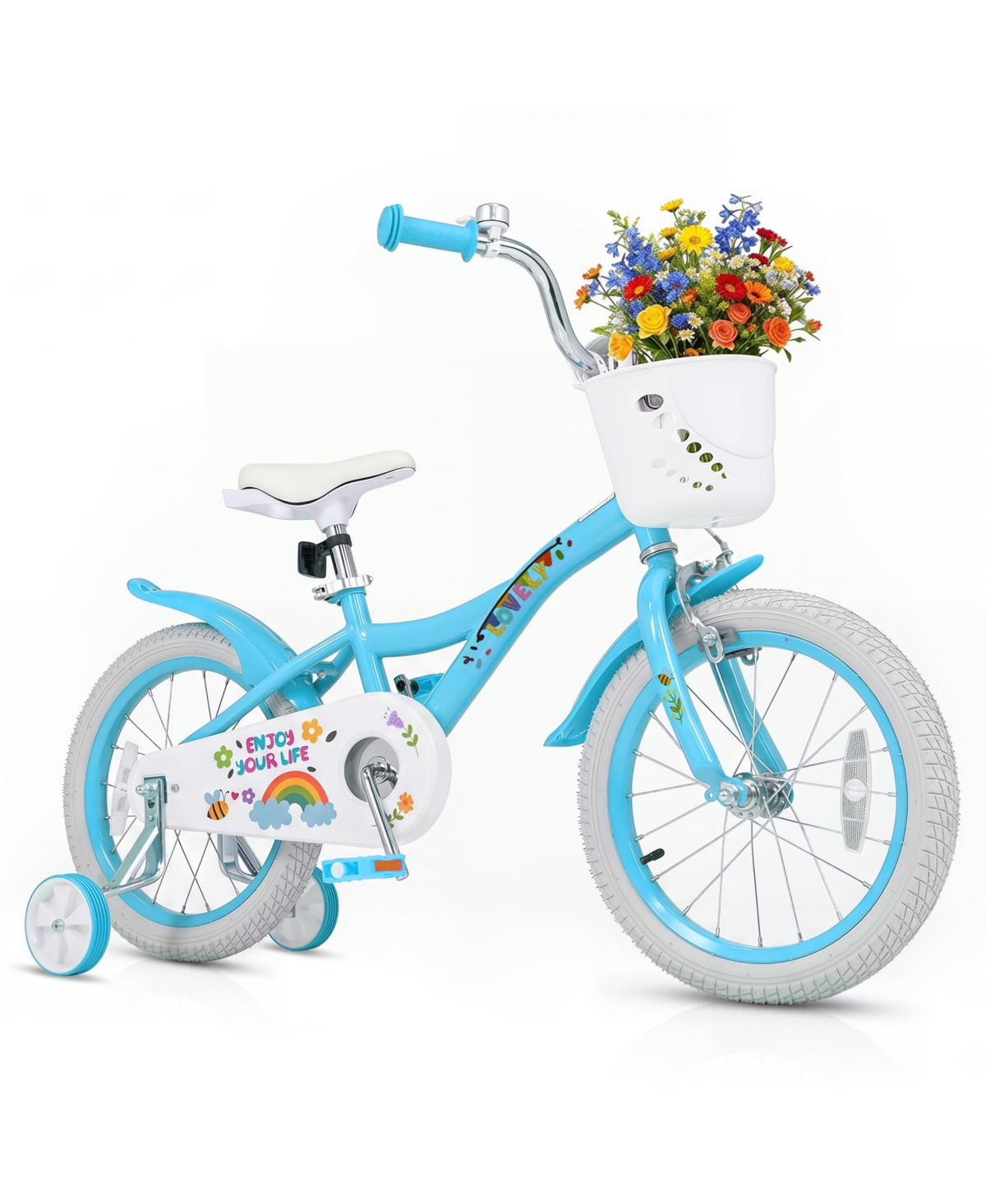 Costway Girls 16" Bike with Removable Training Wheels and Front Basket, Ages 3-8 - Blue