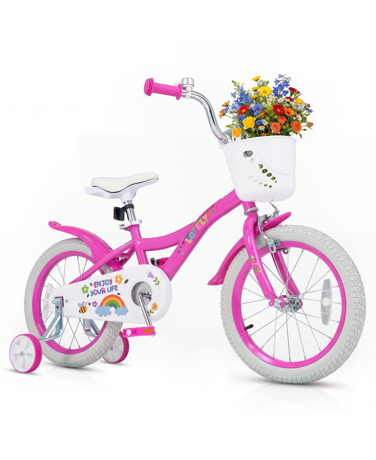 Costway Girls 16" Bike with Removable Training Wheels and Front Basket, Ages 3-8 - Pink
