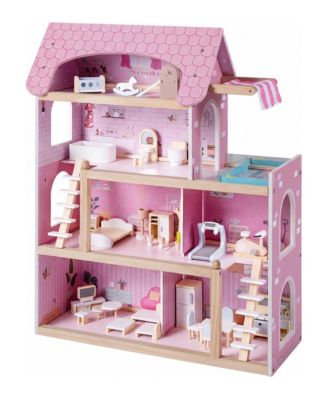 Kids Wooden Dollhouse with 33 Furniture Pieces and Stairs