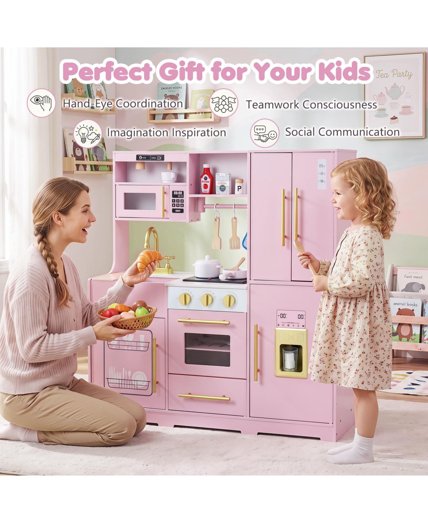 Детская игрушка Costway Wooden Play Kitchen with Realistic Lights and Sounds, от 3 лет, цвет: Розовый — фото 5
