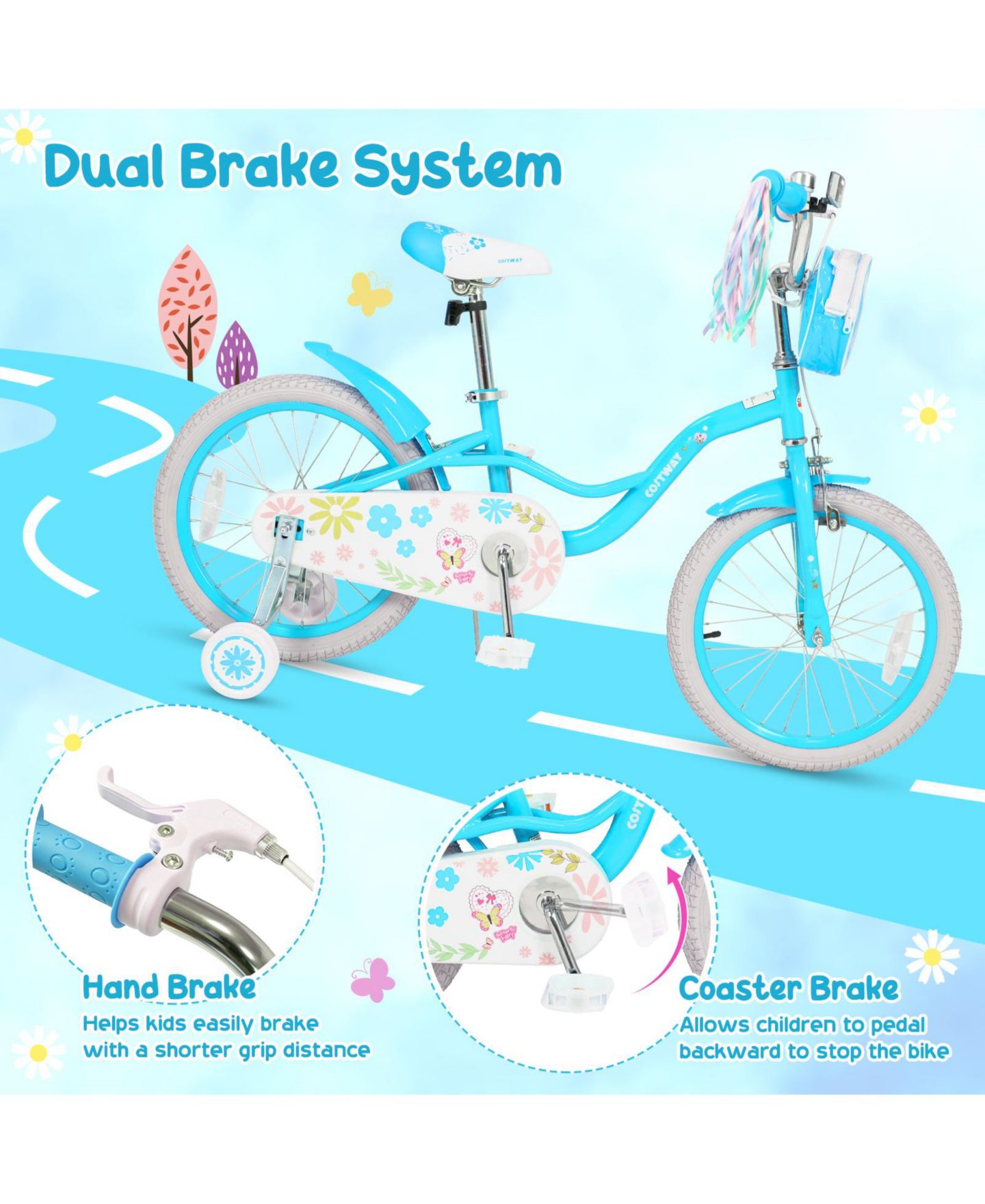 Детские игрушки Costway Girls 18" Bike with Front Bag, Training Wheels, 4–8 лет, цвет: Синий — фото 8