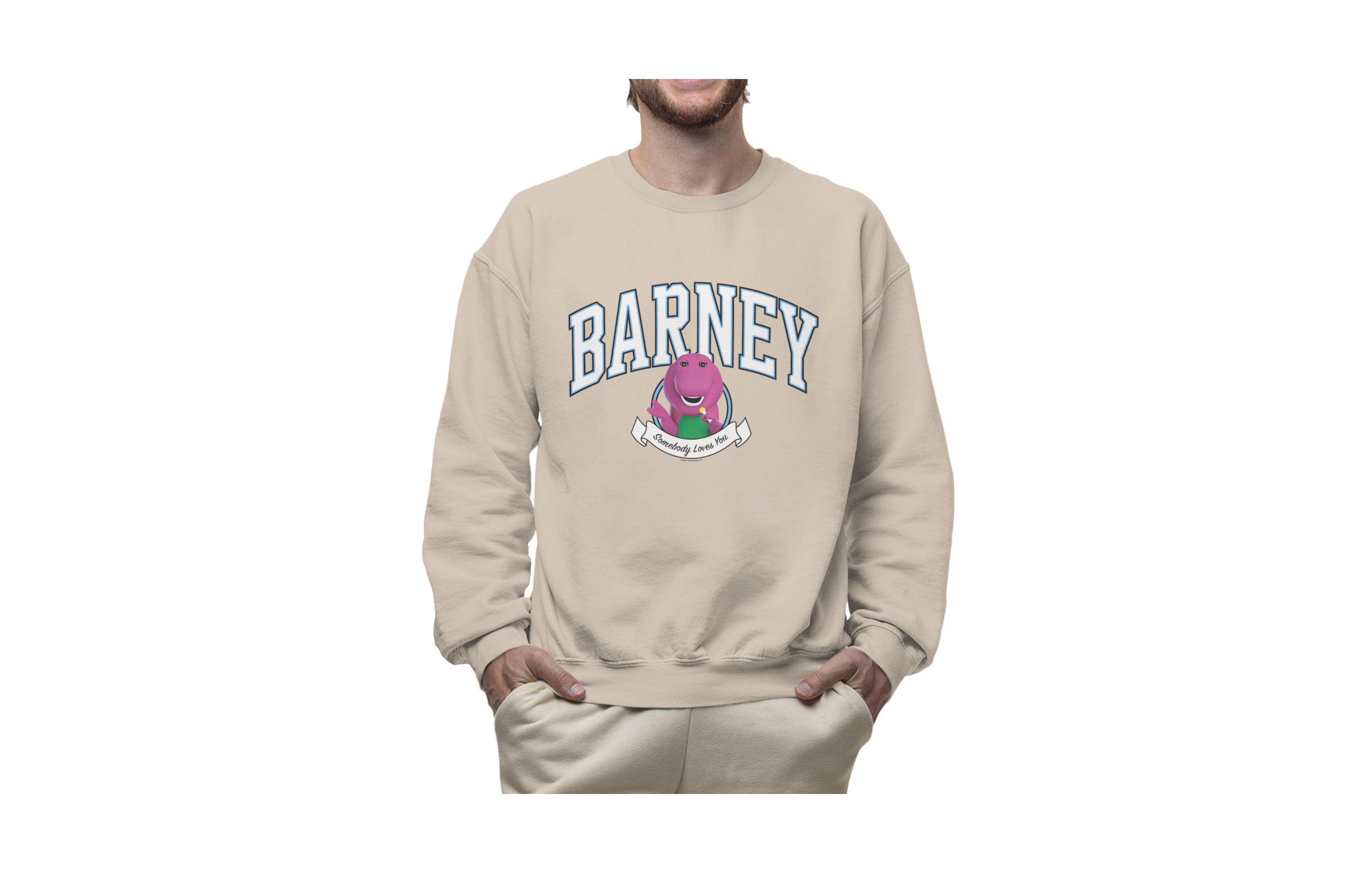 Barney Men's Somebody Loves You Varsity Graphic Crewneck Long-Sleeve Sweatshirt