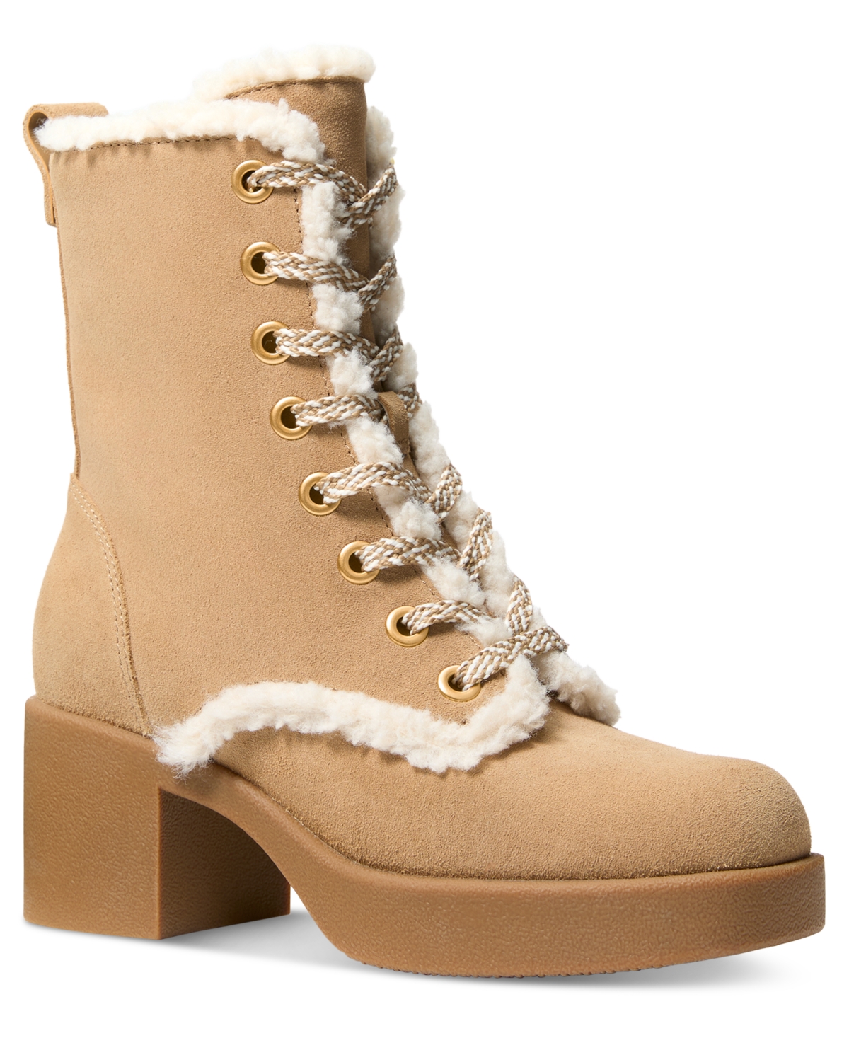 Michael Michael Kors Women's Bryant Lace-Up Sherpa Trim Platform Booties - Burnt Khaki Suede
