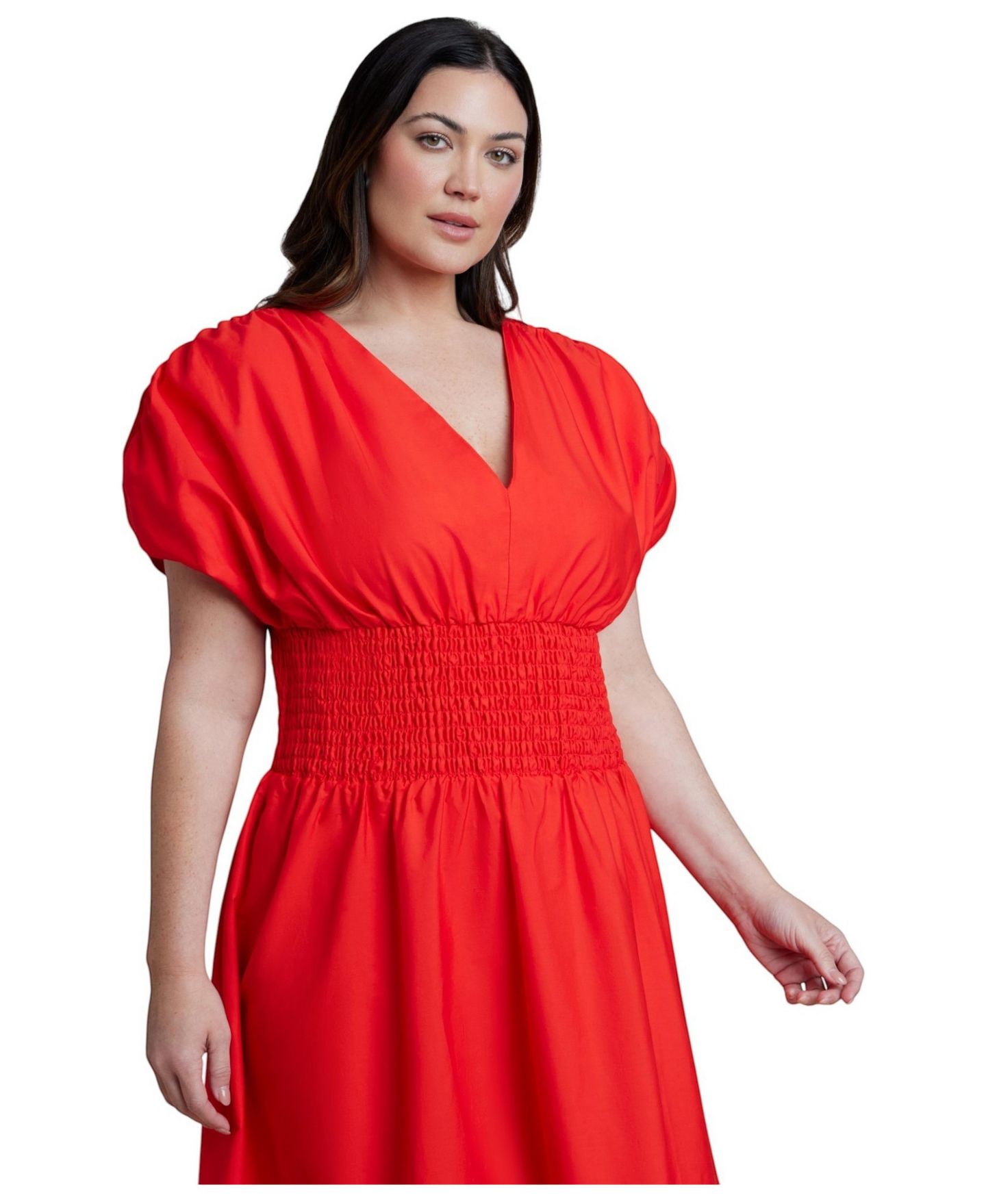 Женское платье ELOQUII Plus Size V-Neck Flared Smocked Midi, цвет: Красный — фото 4
