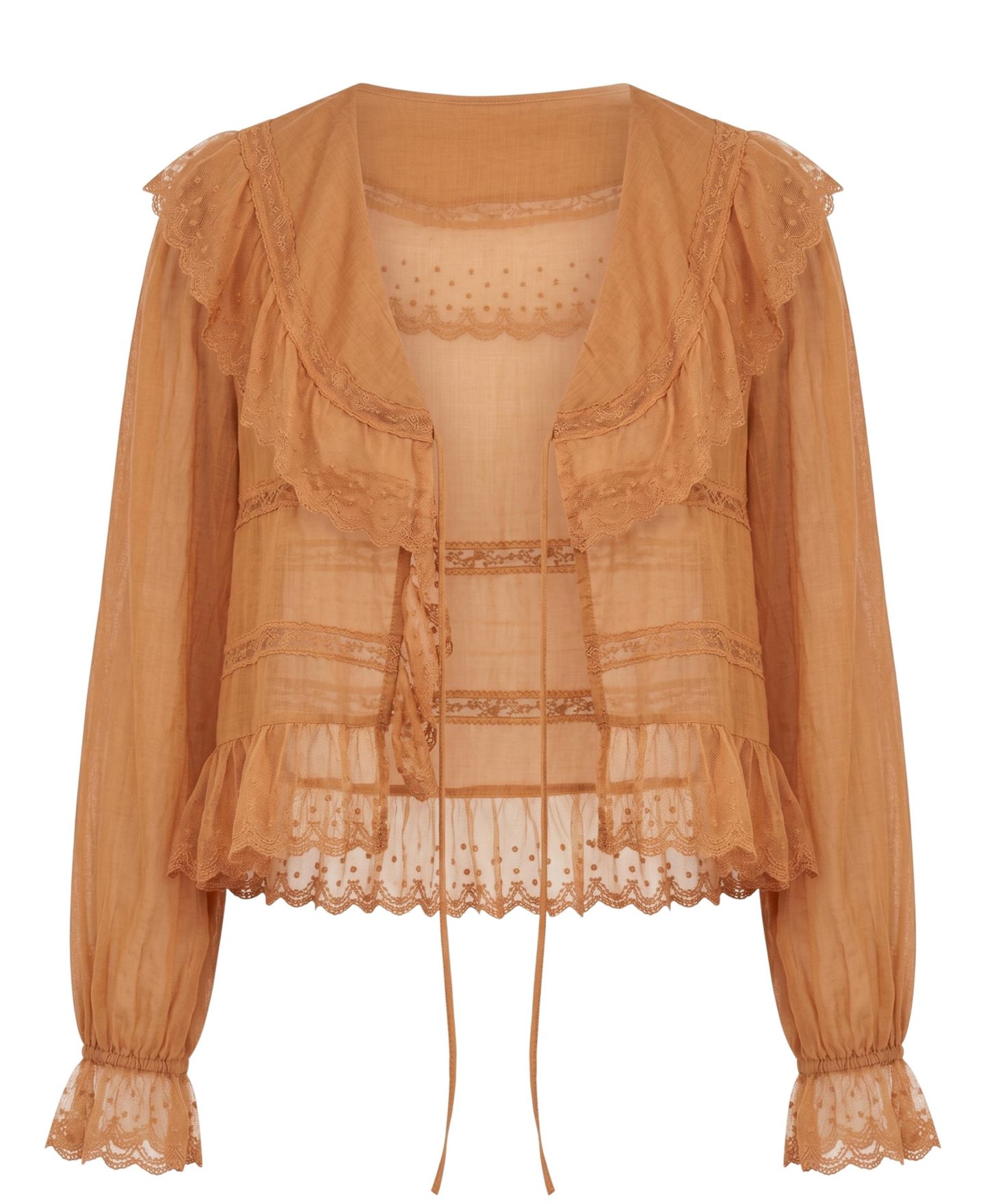 Женская блузка Modenaire Ruffled Lace-Trim Tie-Front, цвет: Оранжевый — фото 5