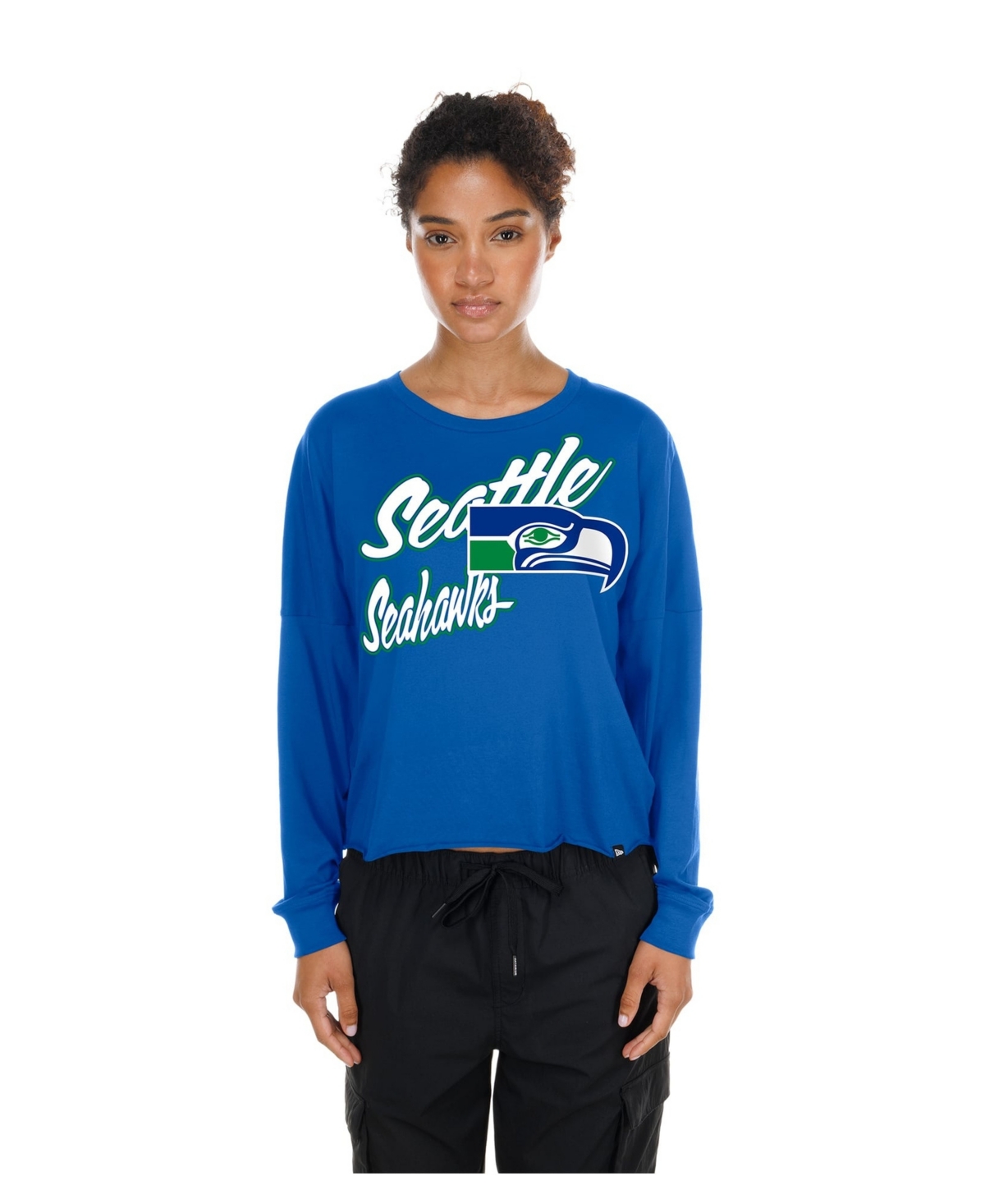 New Era Women's Blue Seattle Seahawks Cropped Oversized Long-Sleeve T-Shirt - Blue