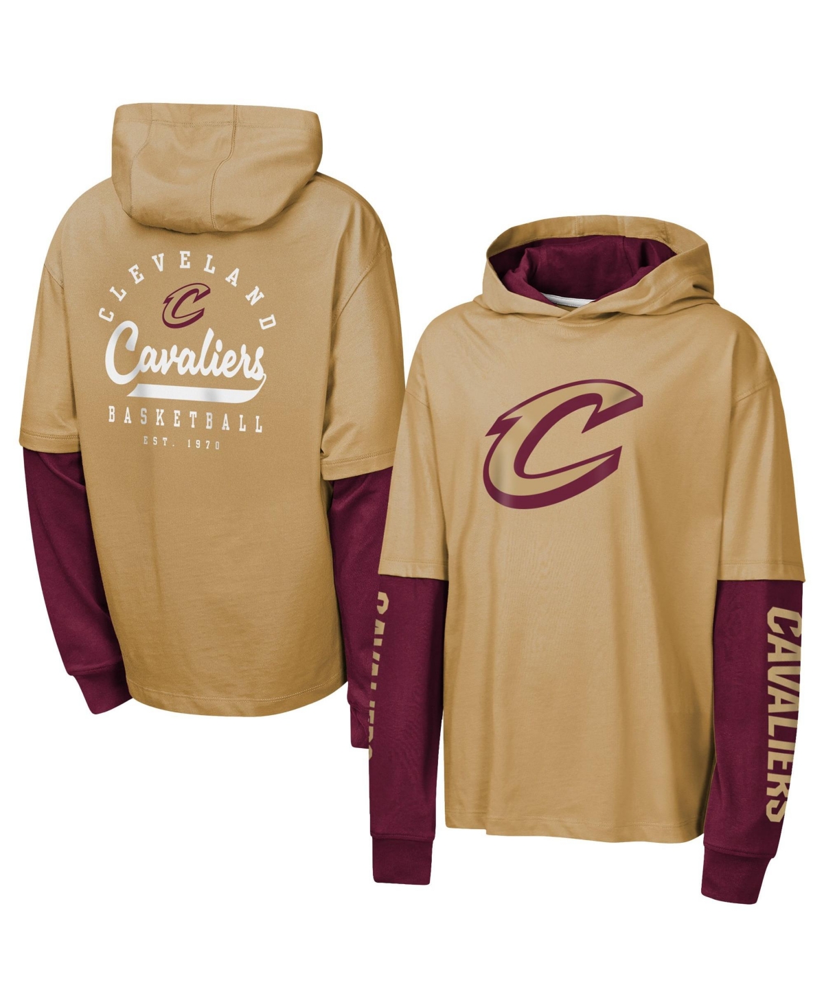 Outerstuff Big Boys' and Girls' Tan Cleveland Cavaliers Double Nickel Oversized Faux 2fer Hooded T-Shirt - Tan