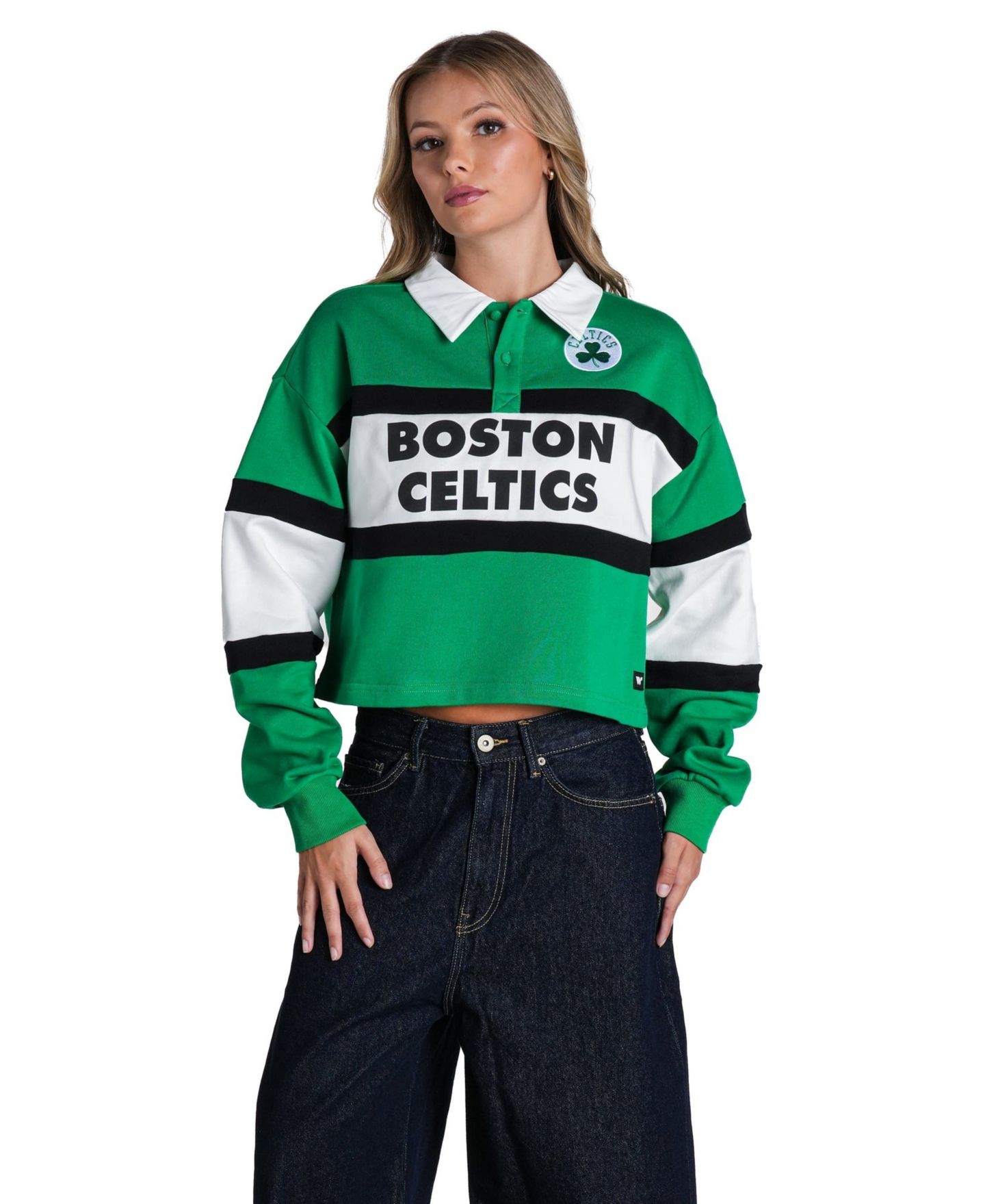 Женское поло The Wild Collective Kelly Green Boston Celtics Long-Sleeve Crop Polo — фото 1