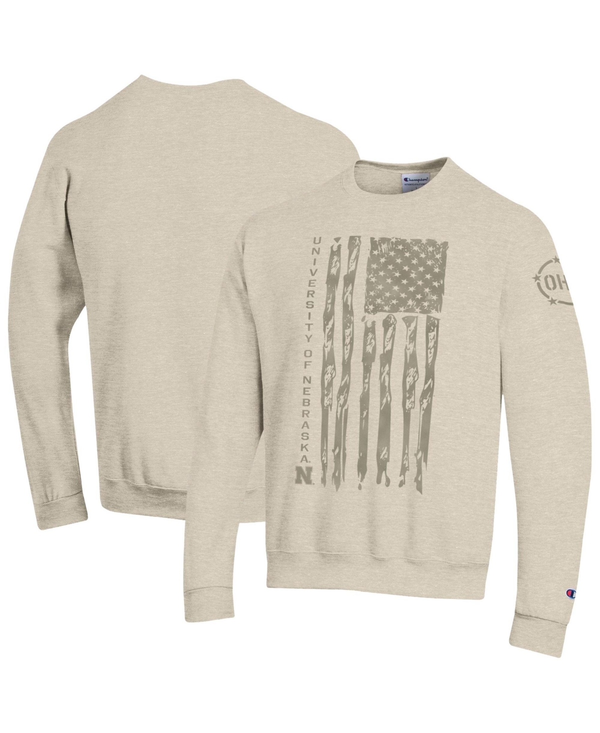 Champion Men's Oatmeal Nebraska Huskers Operation Hat Trick Flag Fleece Crewneck Sweatshirt - Oatmeal