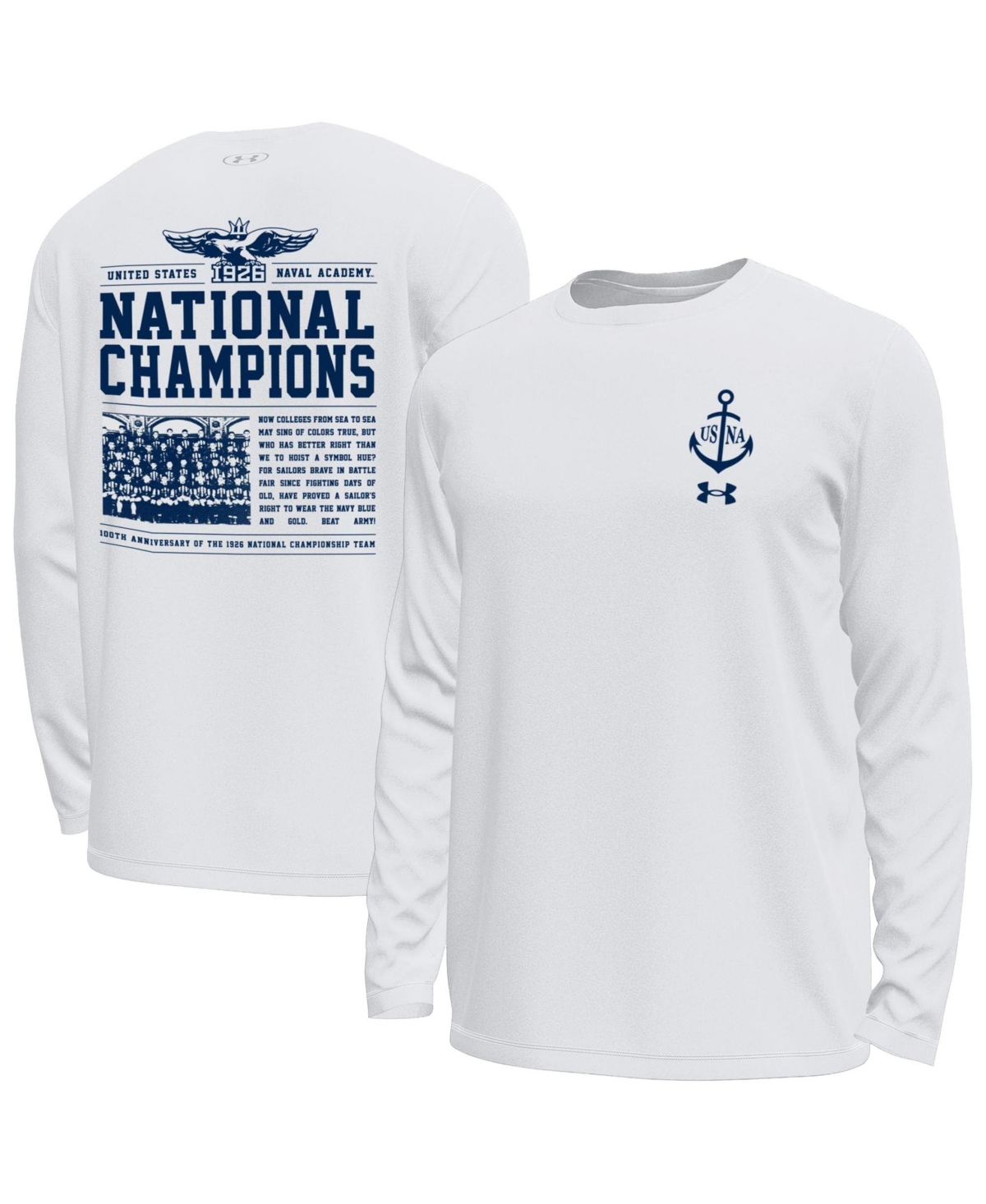 Under Armour Men's White Navy Midshipmen National Championship 100th Anniversary Tech Stretch Long-Sleeve T-Shirt - White