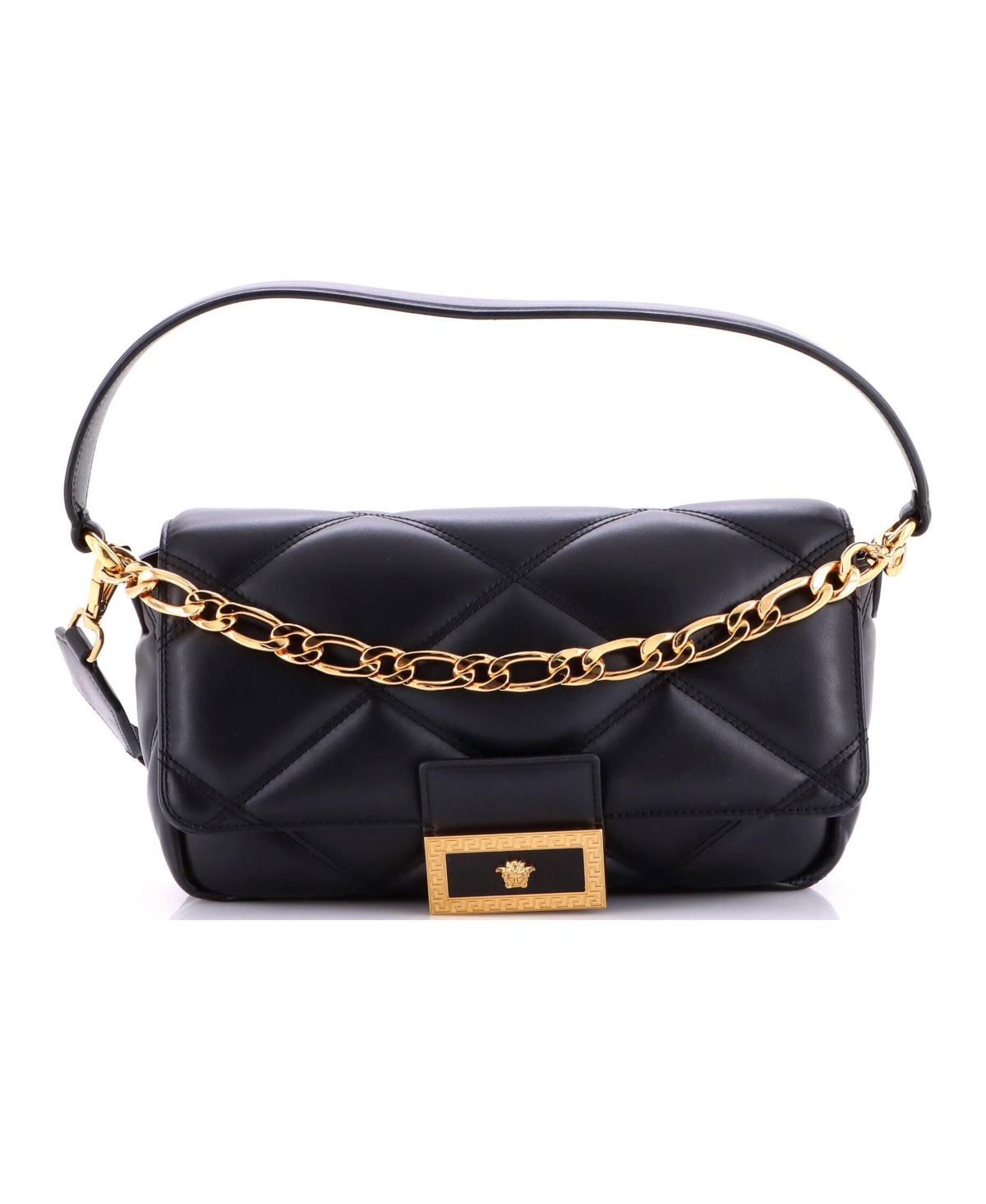 Pre-Owned Versace Medium La Medusa Flap Shoulder Bag Padded Quilted Leather - Black