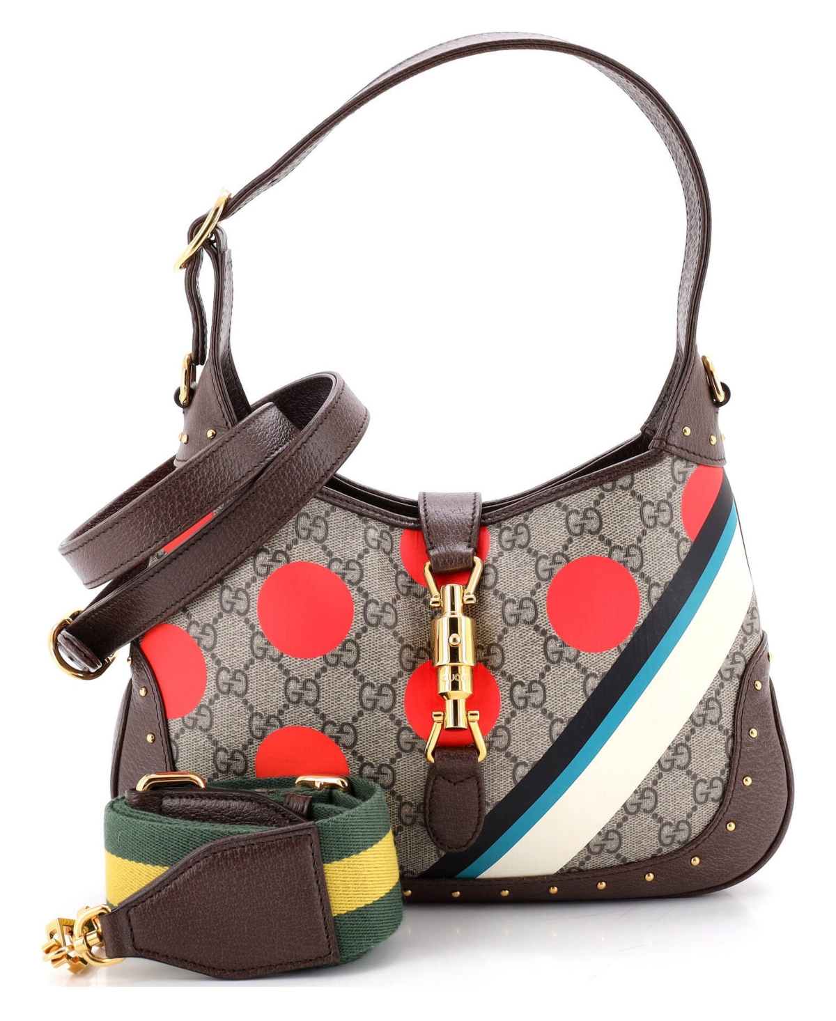 Pre-Owned Gucci Small Jackie 1961 Hobo Studded Printed Gg Coated Canvas - Brown